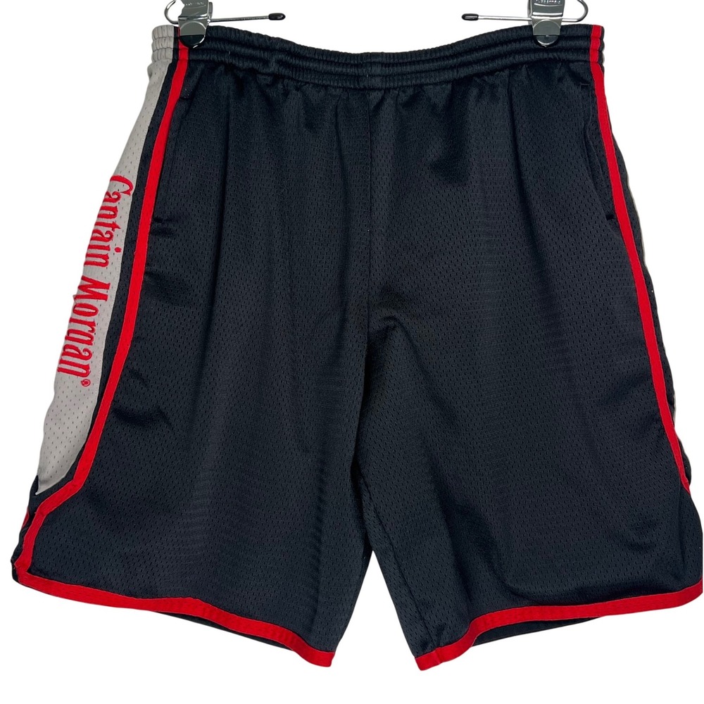 Captain Morgan Mens Large Black Red Mesh Athletic Basketball Shorts Rum Promo‎